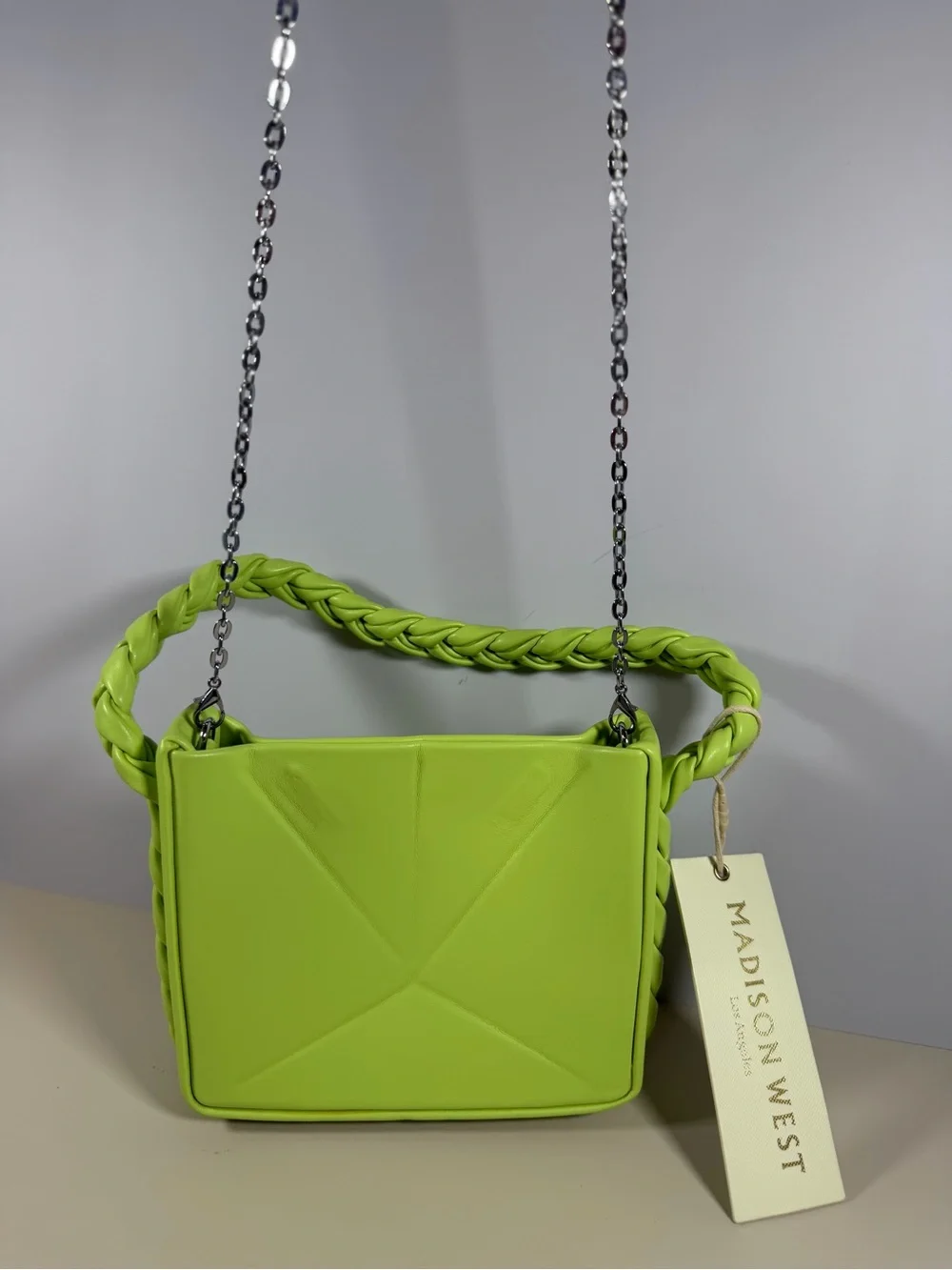Madison West Lime Green Braided Handle Shoulder Bag with Chain Strap
